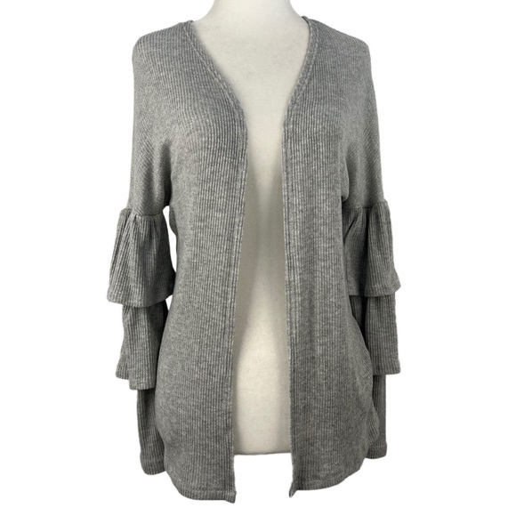 EVERLY RUFFLE SLEEVE OPEN RIBBED WATERFALL CARDIGAGN - Picture 1 of 9